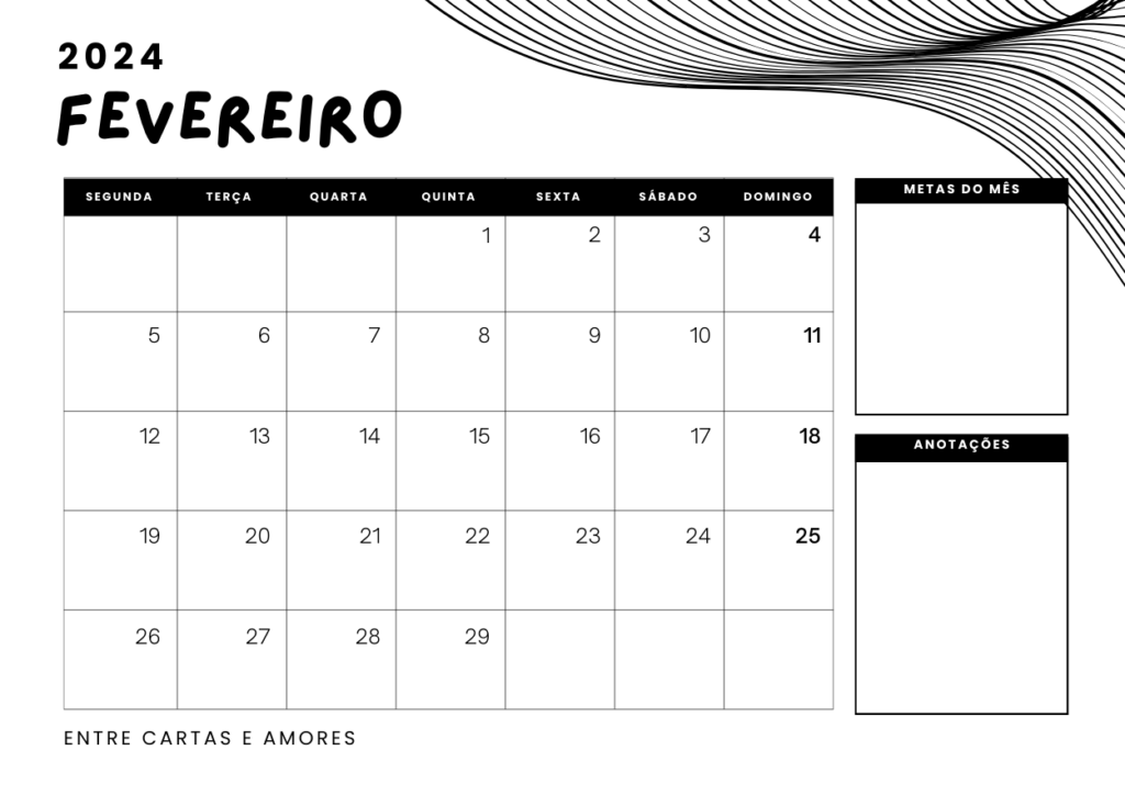 Calendário Fevereiro 2024 com feriados e datas comemorativas