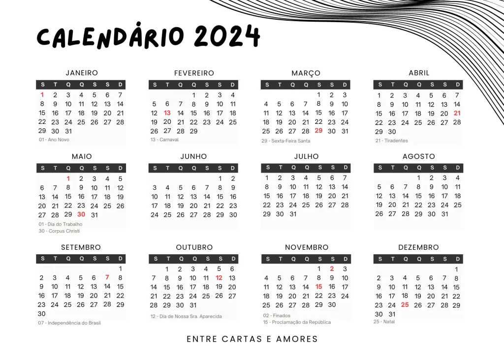 Calendário 2024 com feriados